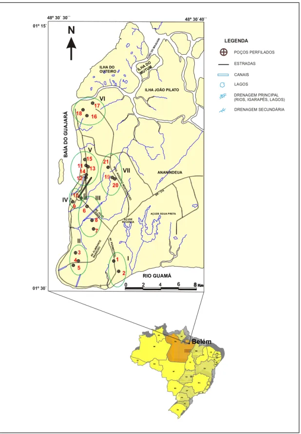 Figura 1 - Mapa de localização da área de estudo na Região Metropolitana de Belém, com  indicação dos poços perfilados para água subterrânea e utilizados nesta pesquisa