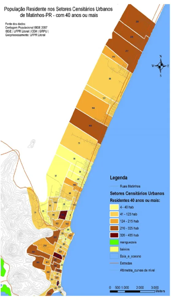 Figura 3: Distribuição dos indivíduos com 40 anos ou mais residentes nos setores censi- censi-tários do município de Matinhos/PR.