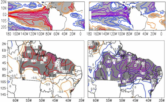 Figura  3  –  Composições  das  anomalias  de  TSM  sobre os Oceanos  Pacífico  e  Atlântico  e  precipitação  sobre  o  Brasil  tropical