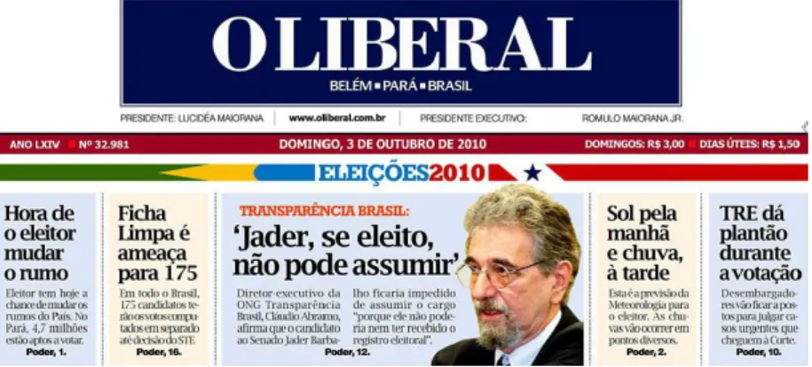 Figura  23  –   Capa  do  Jornal  O  Liberal.  Edição  n°.  32.981,  de  3  de  outubro  de  2010