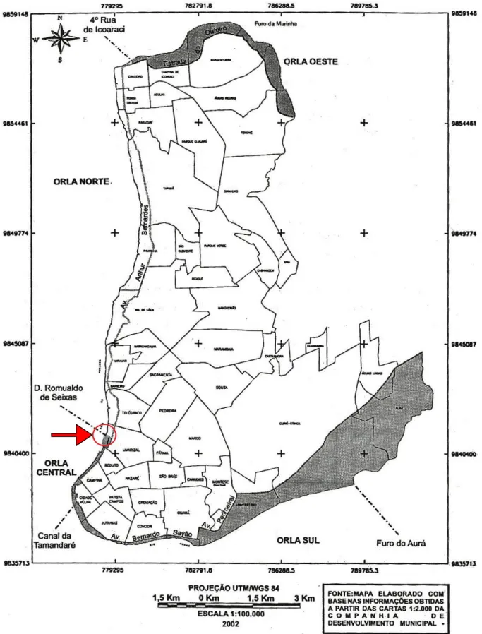 Figura 01: Mapa da sub-divisão da orla fluvial de Belém (PA) em destaque a localização do Complexo  Ver-o-Rio