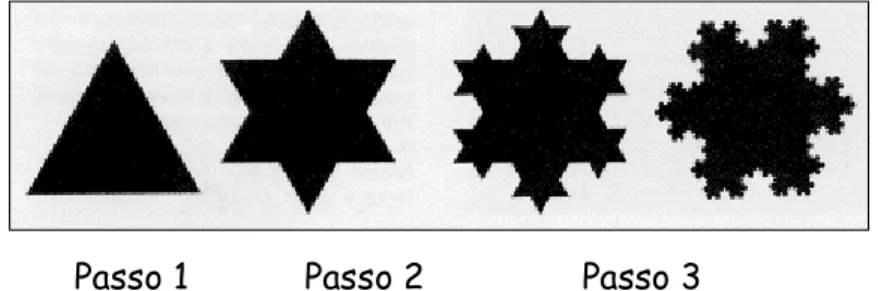 Figura  II-9.  Com  o  decorrer  das  iterações,  o  floco  de  neve  de  Koch  (Koch’s  snowflake)  aumenta  seu  perímetro  tendendo  ao  infinito,  porém  sua  área,  mesmo  crescendo, atinge um valor limitado máximo