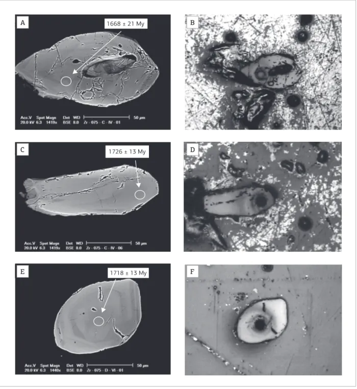 Figure 12. SEM images and optical microscopy photographs of the zircon crystals, with 25 µm spots produced by  the laser microprobe, where A and B = Zr-075-C-IV-01, C and D = Zr-075-C-IV-06, and E and F = Zr-075-D-VI-01.