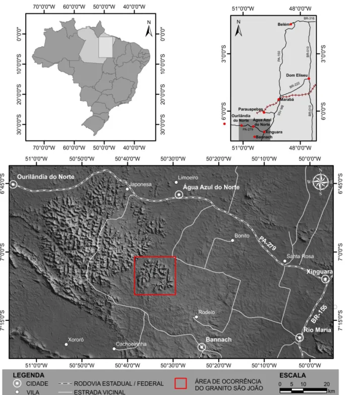 Figura 1 - Imagem SRTM mostrando localização e acesso ao Granito São João. À esquerda,  batólito do Granito Seringa