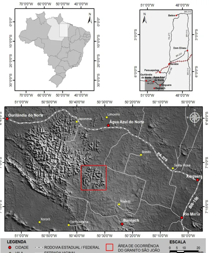 Figura 2 - Imagem SRTM mostrando localização e acesso ao Granito São João. À esquerda, batólito  do Granito Seringa