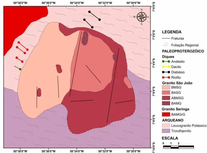 Figura 3  - Mapa  geológico do Granito São João  mostrando a distribuição espacial  das suas  diferentes  fácies