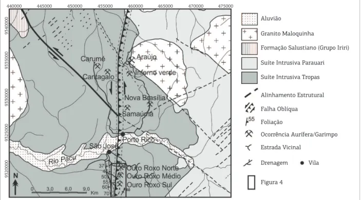 Figura 2. Mapa geológico da região da vila Porto Rico, mostrando a zona de cisalhamento Ouro Roxo-Canta Galo e os alvos  auríferos, com destaque para os três setores do depósito Ouro Roxo (Norte, Médio e Sul)