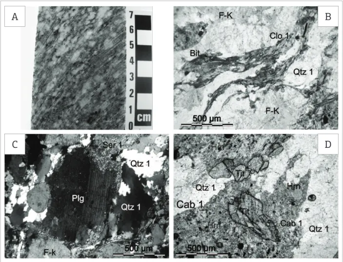 Figura  3.  Fotografias  do  protólito  granodiorítico  da  Suíte  Intrusiva  Tropas.  (A)  Testemunho  de  sondagem  de  metagranodiorito  porfirítico  com  orientação  protomilonítica