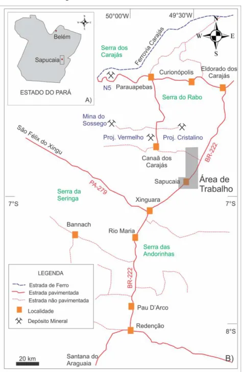 Figura  1.1-  Mapa  de  localização  da  área  de  estudo.  A)  Mapa  do  estado  do  Pará  com  a  localização das cidades de Belém (capital do estado) e Sapucaia (na área de estudo)