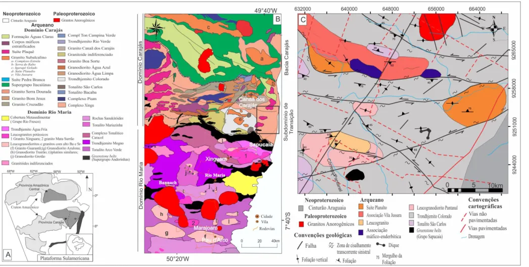 Figura 1 – A) Craton Amazônico (Tassinari &amp; Macambira, 2004); B) mapa geológico simplificado da Província Carajás (modificado de Almeida  et al., 2011; Feio et al., 2013, Gabriel &amp; Oliveira, este volume; Silva et al., este volume); C) mapa geológic