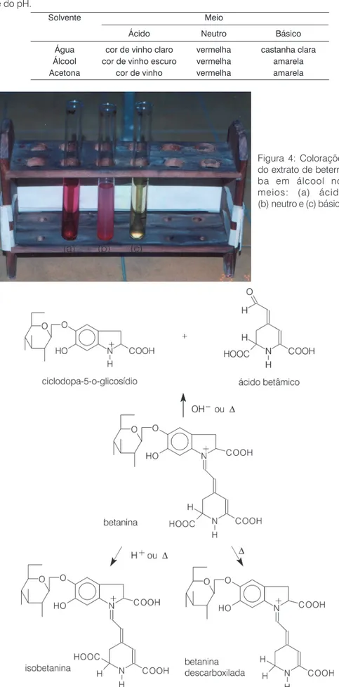 Tabela 2: Coloração do corante da beterraba em função do solvente utilizado na extração e do pH.