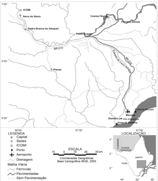 Figura 1: Localização da Serra do Navio, da Estrada de Ferro do Amapá e do porto de Santana.