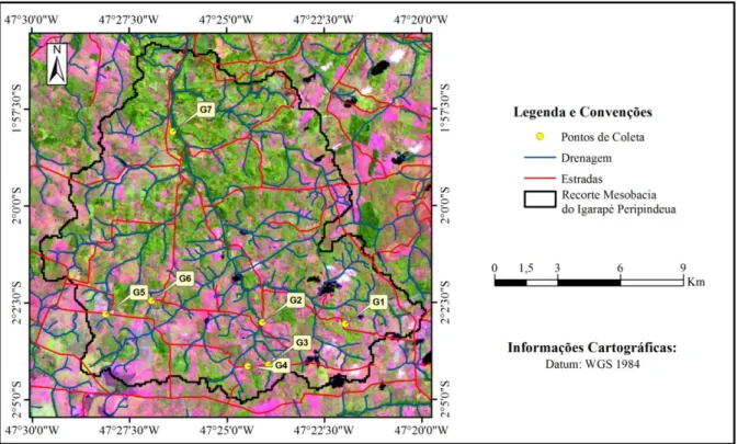 Figura 4 - Mapa 7  da  mesobacia do Igarapé Peripindeua e localização das respectivas microbacias selecionadas para  o estudo hidrogeoquímico