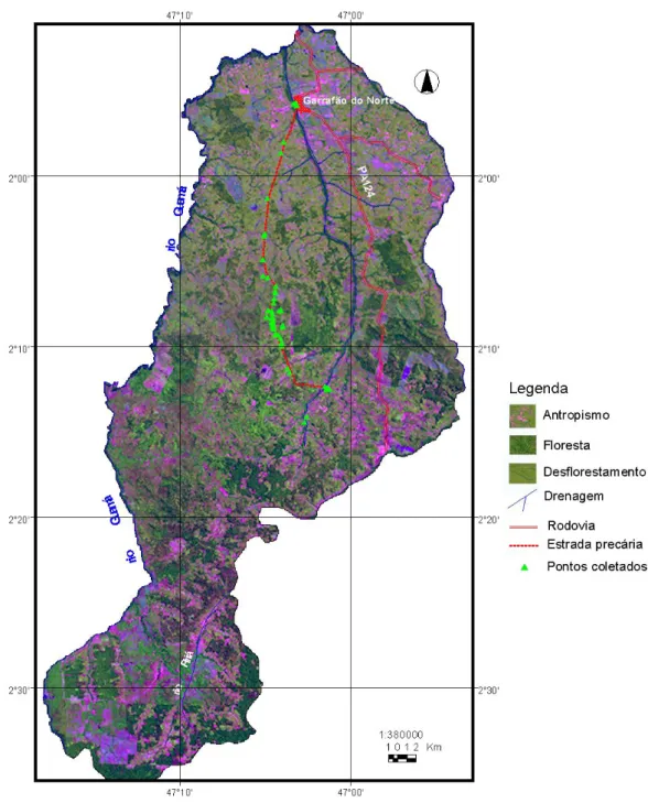Figura 8 – Carta-Imagem do Município de Garrafão do Norte no Estado do Pará. Destaque para os  pontos de GPS, localizando a estrada principal, comunidades e entradas de ramais 