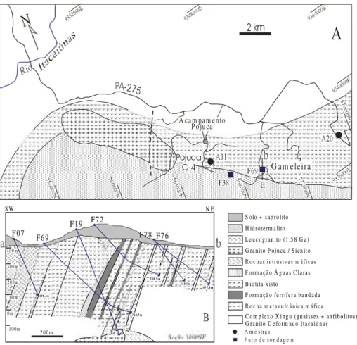 Figura 2. Mapa geológico modificado de Macambira et al. (1990) e seção geológica vertical do depósito de Cu-Au Gameleira, mostrando as principais unidades litoestratigráficas e os furos de sondagem (modificado de Docegeo, 1997 e Lindenmayer et al., 2001b)