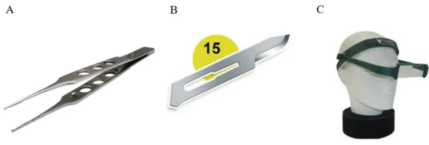 Figura 06: Instrumentais utilizados execução da biópsia ovariana. Pinça Oftalmica do tipo Conjutiva (em A) com micro dente de rato