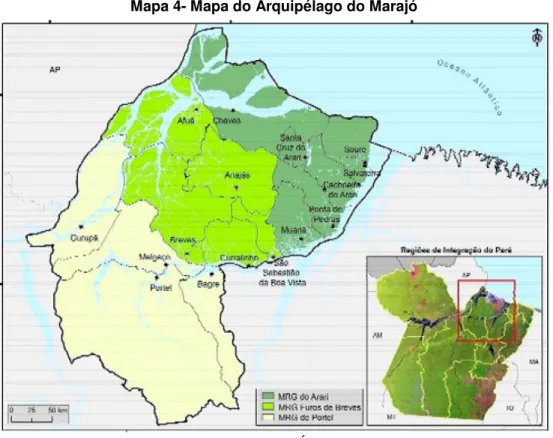 Tabela 2- Municípios do Arquipélago do Marajó por MRG e suas   extensões territoriais   MUNICÍPIOS  ÁREA (Km²)  MRG DO ARARI  28.950  CACHOEIRA DO ARARI  3.102  CHAVES  13.085  MUANÁ  3.766  PONTA DE PEDRAS  3.365  SALVATERRA  1.044 