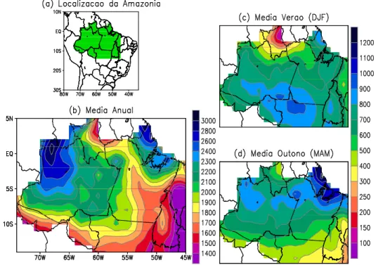 Figura 1: (a) Localização da Amazônia brasileira dentro da América do Sul, (b) média climatológica  anual de precipitação referente ao período de 1978-2007 do CPC/NCEP, média climatológica sazonal  da estação de (c) verão e (d) outono