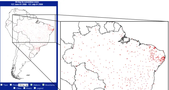 Figura 5. (a) Localização e distribuição típica das estações (pontos vermelhos) sobre a América do Sul  destacando a região Amazônica no quadro a direita