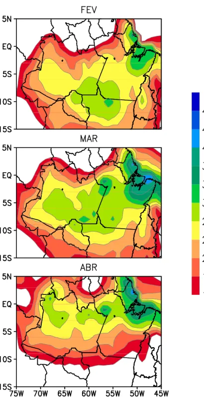 Figura 9. Climatologia de precipitação para os meses de fevereiro a abril. A barra de cores indica a  intensidade em mm