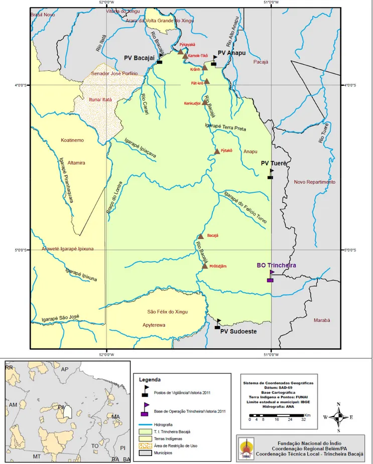 Figura 5 - Localização das aldeias Xikrin, na TI Trincheira Bacajá, região do rio Bacajá, Pará,  Brasil