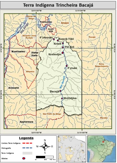 Figura 1 - Localização das aldeias Xikrin, na Terra Indígena Trincheira Bacajá, região do rio  Bacajá - PA, Brasil