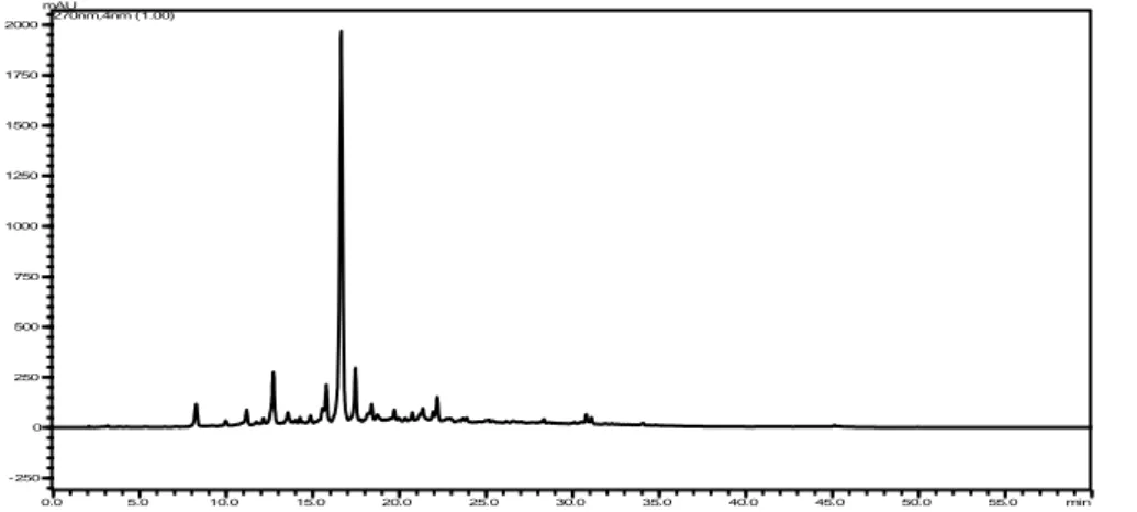 Figura 3.21: Cromatograma de A17C me CLAE/DAD, em  coluna C18 Phenomenex  Gemini 250 mm  ×  4,6 mm  × 0,5 μm e sistema isocrático MeOH/ H 2 O (1:1  v / v ) 