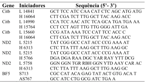 Tabela 2. Iniciadores utilizados para os genes sequenciados. 