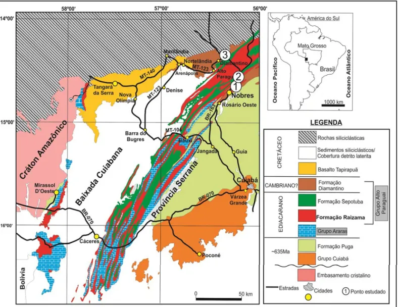 Figura 1- Localização e geologia das áreas de estudo, com destaque para a principal seção estudada
