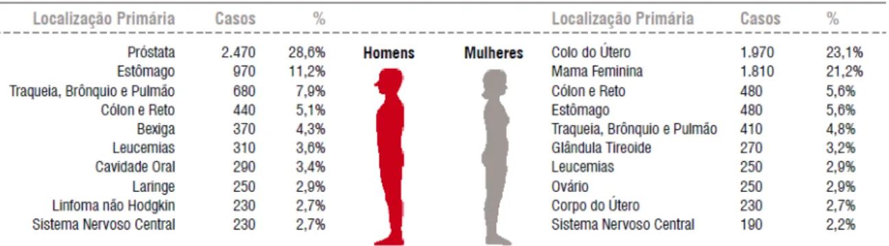 Figura  3.  Distribuição  proporcional  dos  dez  tipos  de  câncer  mais  incidentes  estimados  para o biênio 2016/2017 por gênero, na região Norte do Brasil, exceto câncer de pele não  melanoma