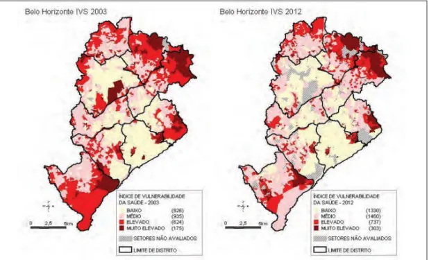 Figura 2: Distribuição espacial dos Setores Censitários (SC) de Belo Horizonte por  categoria de Índice de Vulnerabilidade Social (IVS) em 2011 e 2012 
