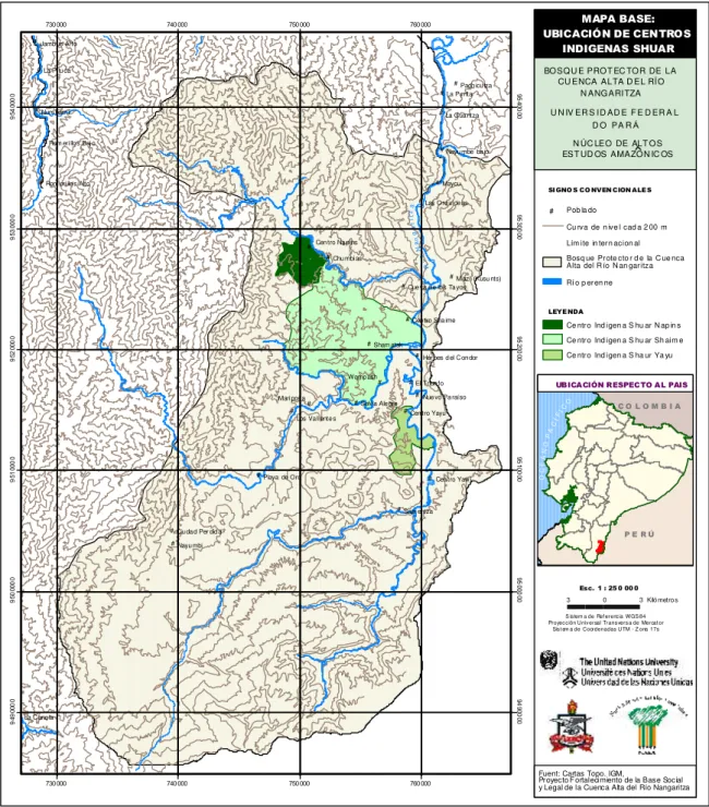 Figura 1.  Mapa Base de U bicac ión de los C entros Indigenas  Shaur dentro del Bosque Protector de la C uenca Alta del Río N angaritz a
