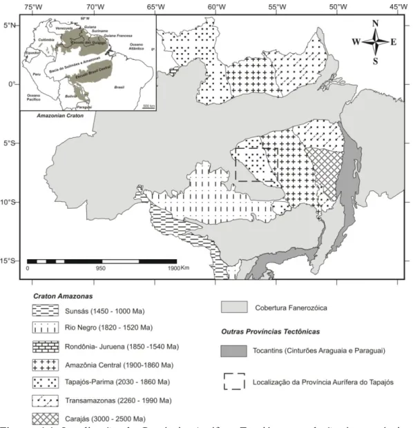 Figura  1.1  Localização  da  Província  Aurífera  Tapajós  em  relação  às  províncias  geocronológicas  do  Cráton  Amazônico  (segundo  Vasquez  et  al