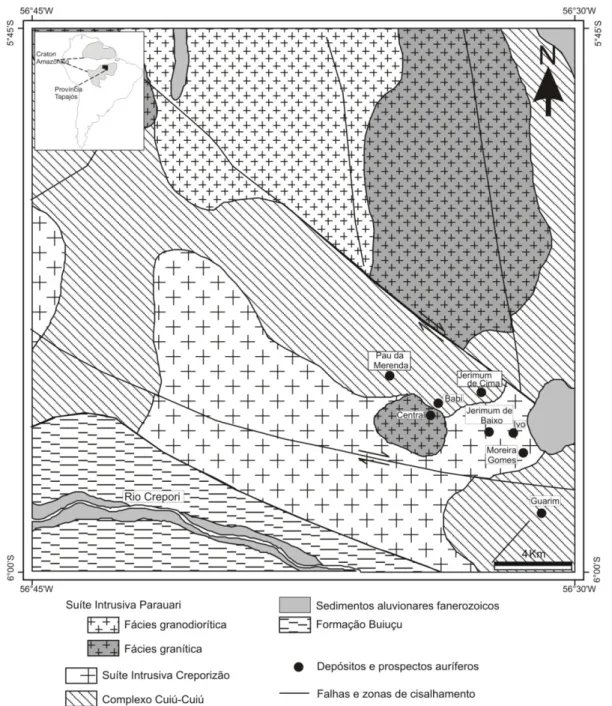 Figura  1.2  Mapa  geológico  das  imediações  do  campo  mineralizado  do  Cuiú-Cuiú  (Chaves &amp; Moura no prelo)