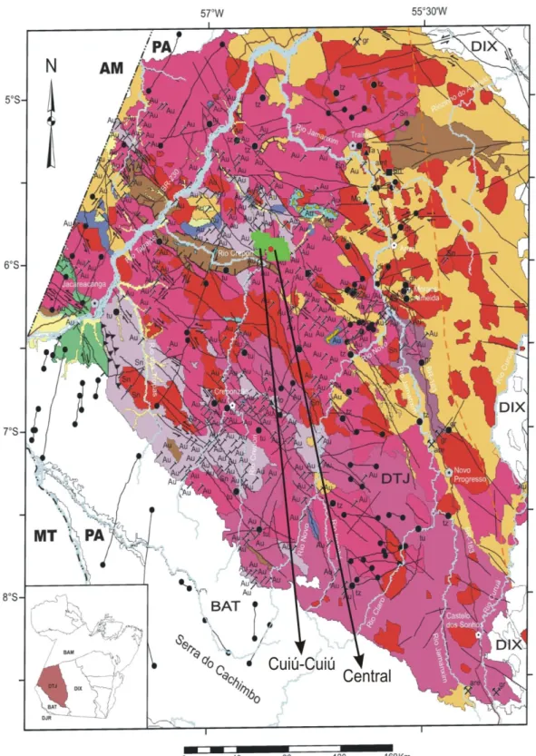 Figura  4.2.  Mapa  geológico  de  recursos  minerais  da  atual  configuração  do  Domínio  Tapajós  (Vasquez et al., 2008a), com a localização da região do Cuiú-Cuiú e do depósito Central