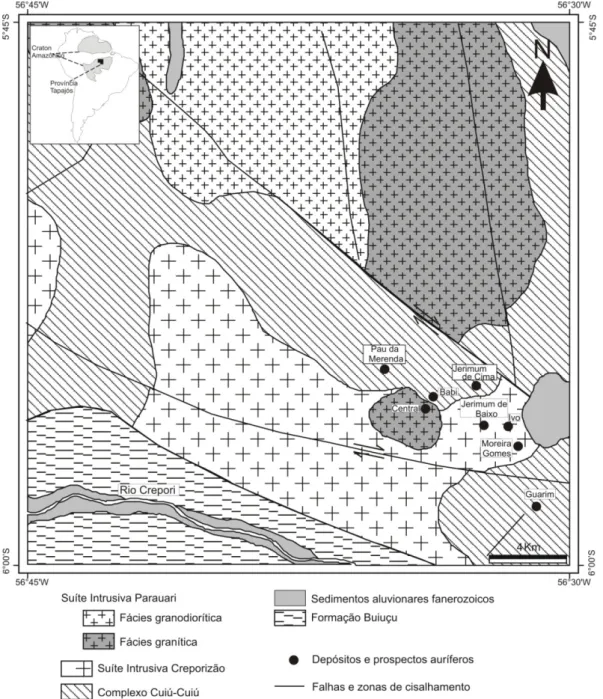 Figura 4.3. Mapa geológico das imediações do campo mineralizado do Cuiú-Cuiú (modificado de  Chaves e Moura, no prelo)