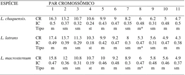 Tabela 2. Análise biométrica dos cromossomos das espécies do gênero  Leptodactylus  SUBGÊNERO  Leptodactylus  GRUPO  ocellatus incluídas  no  presente  trabalho