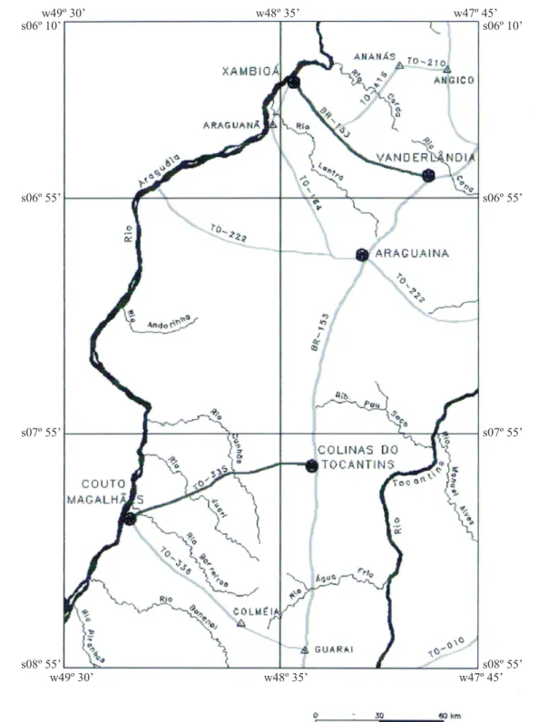 Figura 1 – Localização dos dois perfis estudados: Xambioá e Vanderlândia (rodovia BR-153) e Colinas do  Tocantins-Couto Magalhães (TO-335).