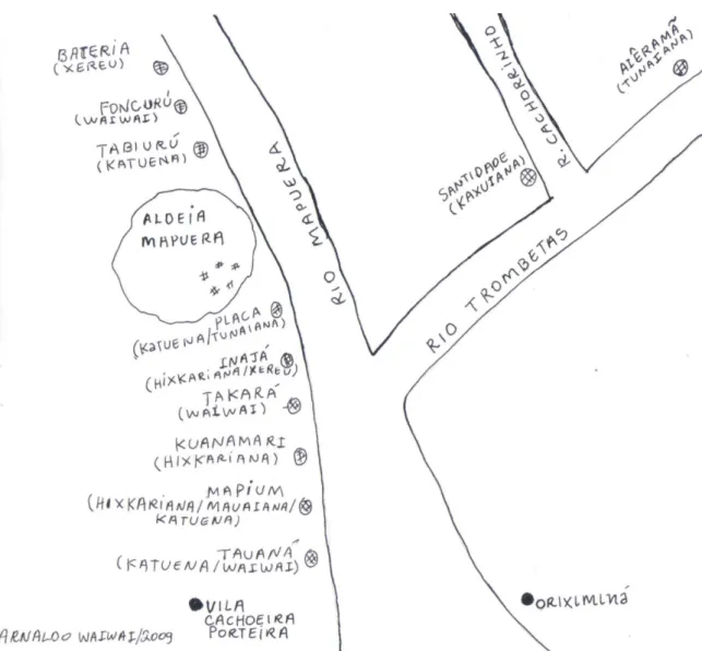 Figura 02: Mapa em rascunho, da localização atual dos indivíduos que deixaram Mapuera nos anos 90,  elaborado por Arnaldo Waiwái (2009), confirmado por Arciro Waiwái (2010)