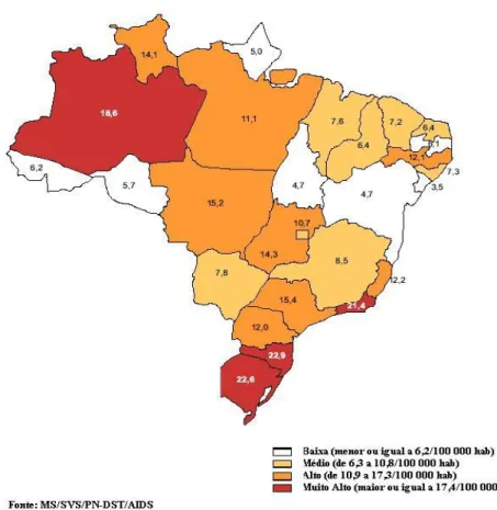 Figura  5  –   Taxa  de  incidência  por  mil  de  AIDS  em  jovens  de  13  a  24  anos  nas  Unidades  Federativas do Brasil (Brasil, 2007)