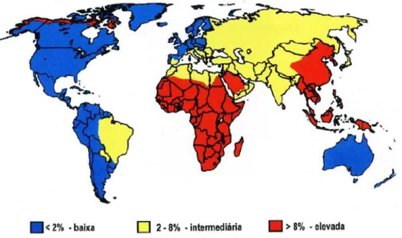 Figura 12  –  Mapa da prevalência do HBsAg no mundo (Adaptado da Organização Mundial  de Saúde, 2008)