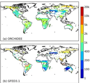 Figure 6. Mean annual carbon emissions (g C m −2 ) for 1997–2009 by (a) ORCHIDEE simulation and (b) the GFED3.1 data, based on the whole grid cell area that included both burned and unburned parts.