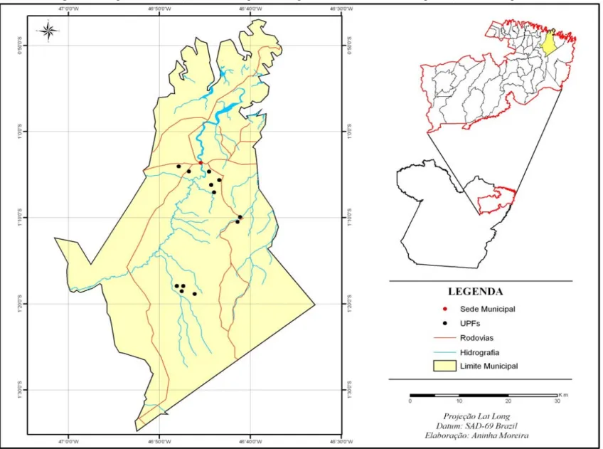 Figura 2: Mapa de localização do município de Bragança, com as unidades de produção familiar plotadas 