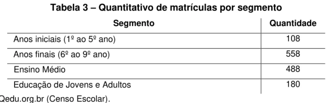 Tabela 3  –  Quantitativo de matrículas por segmento 