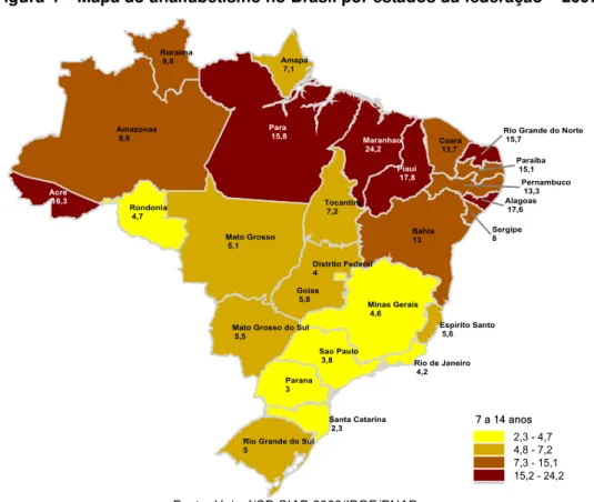 Figura 4  –  Mapa do analfabetismo no Brasil por estados da federação  –  2007 