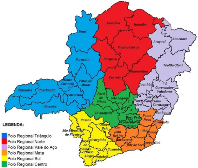 FIGURA 1: Mapa de Minas Gerais por Polos Regionais e SREs da Secretaria de Estado  de Educação (2015) 
