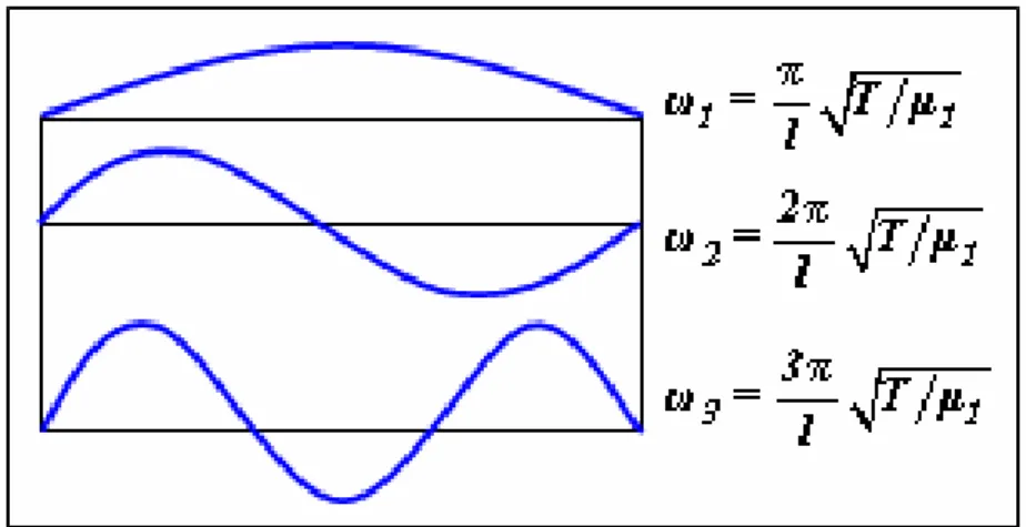 Figura 4.2 - Os três primeiros modos naturais de movimento de vibração lateral   de uma corda uniforme (modificado, Den Hartog, 1972)