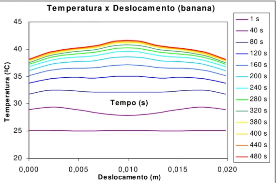 Figura 4.10 - Comportamento da temperatura em função da posição no interior do cubo  (banana)