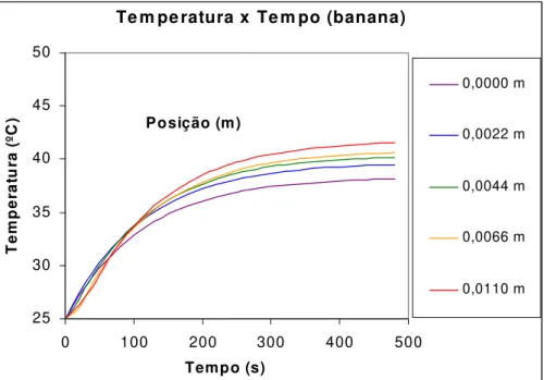 Figura 4.11 – Comportamento da temperatura no interior do cubo (banana) em função do  tempo de operação