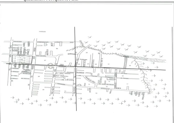 Figura 10: - Mapa esquemático do bairro do Maracajá com a divisão metodológica em quatro  quadrantes
